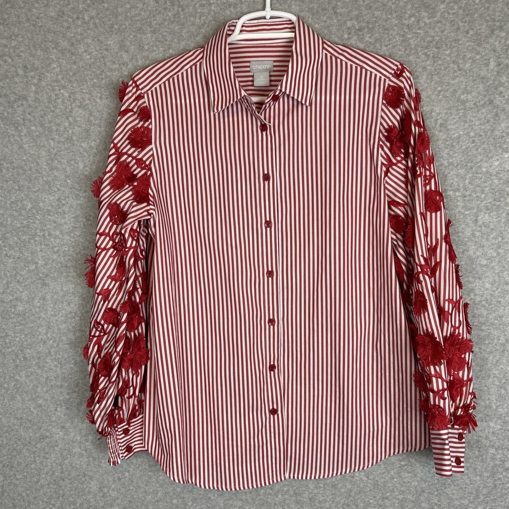 Chico's Button Up Shirt SZ 0 Red Stripe Poplin 3-D Applied Flower Billow Sleeves